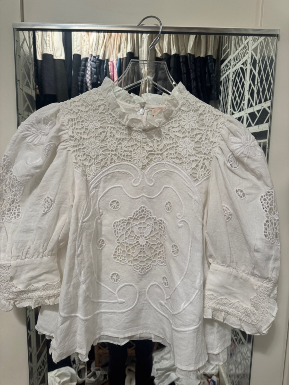 White Crochet Yoke Embroidered Puff-Sleeve Blouse